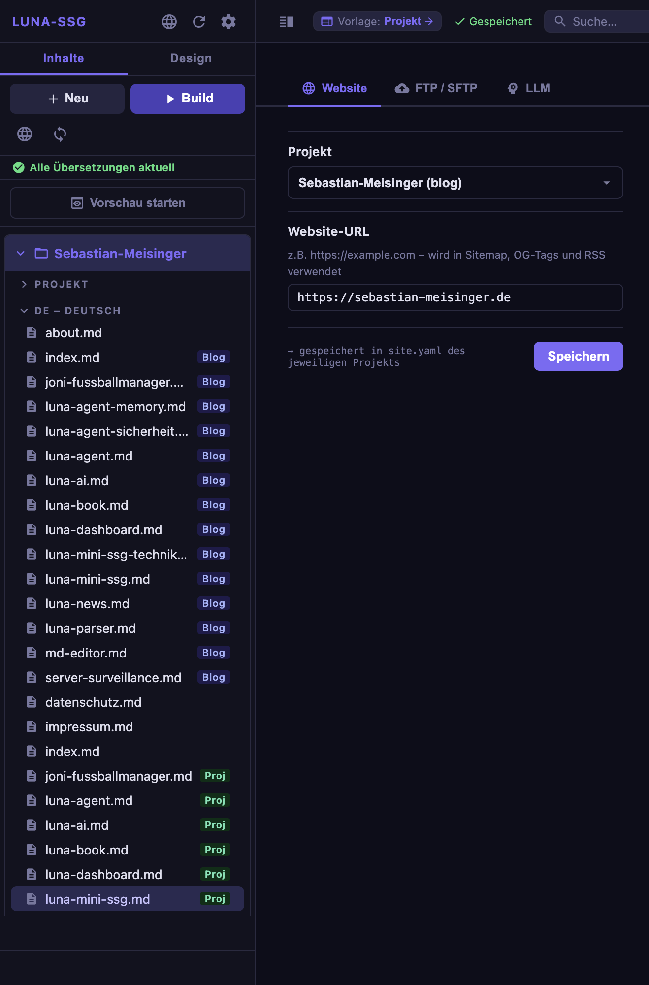 Admin-UI – Einstellungen (Website, FTP/SFTP, LLM)
