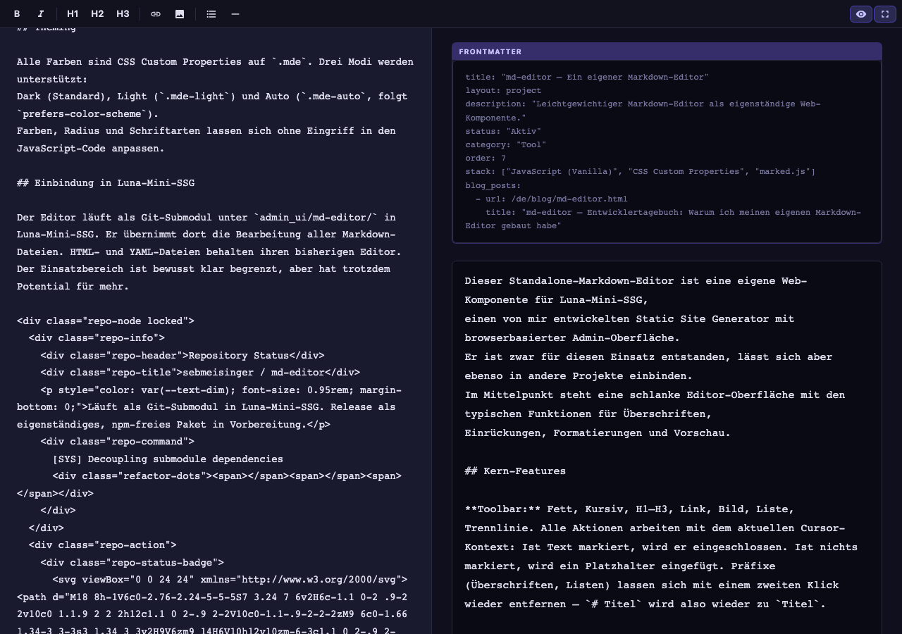 md-editor – Vollbild-Modus mit Split-Preview